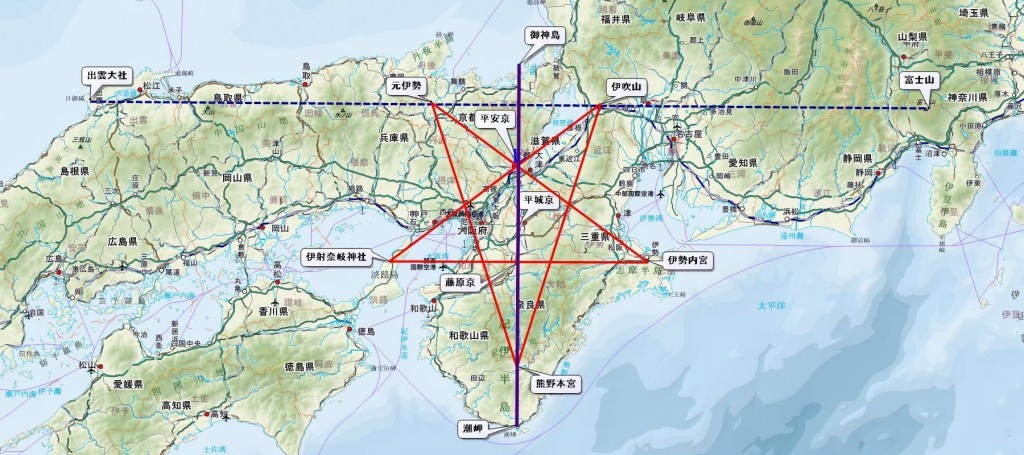 ご来光の道と近畿の五芒星はこのように関連があり、また若狭から熊野まで南北に真っ直ぐ伸びるレイラインもあります。